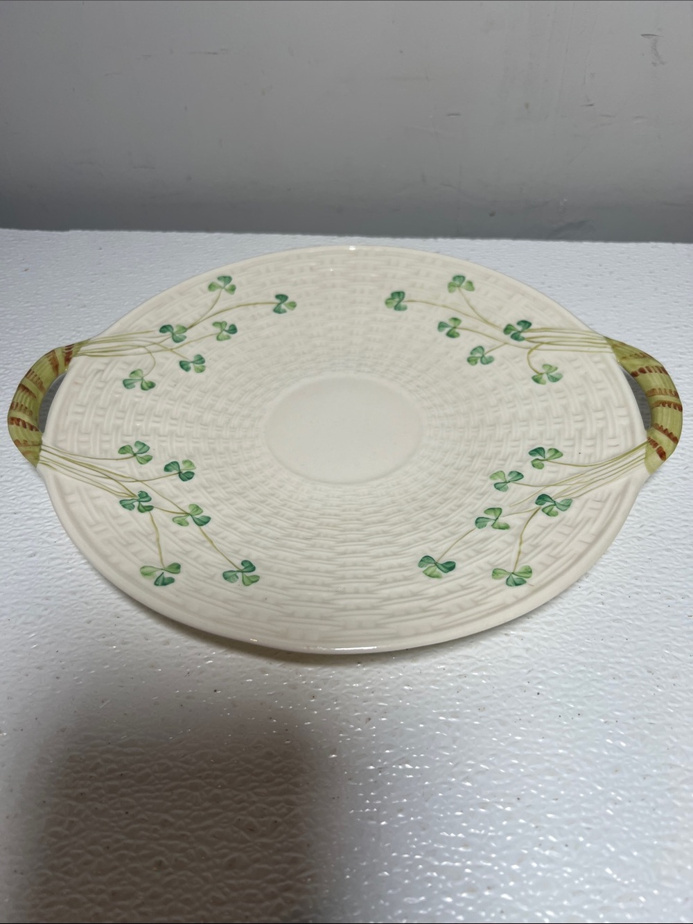 Vintage 1980's Belleek Shamrock Handled Round Cake/Bread Serving Plate